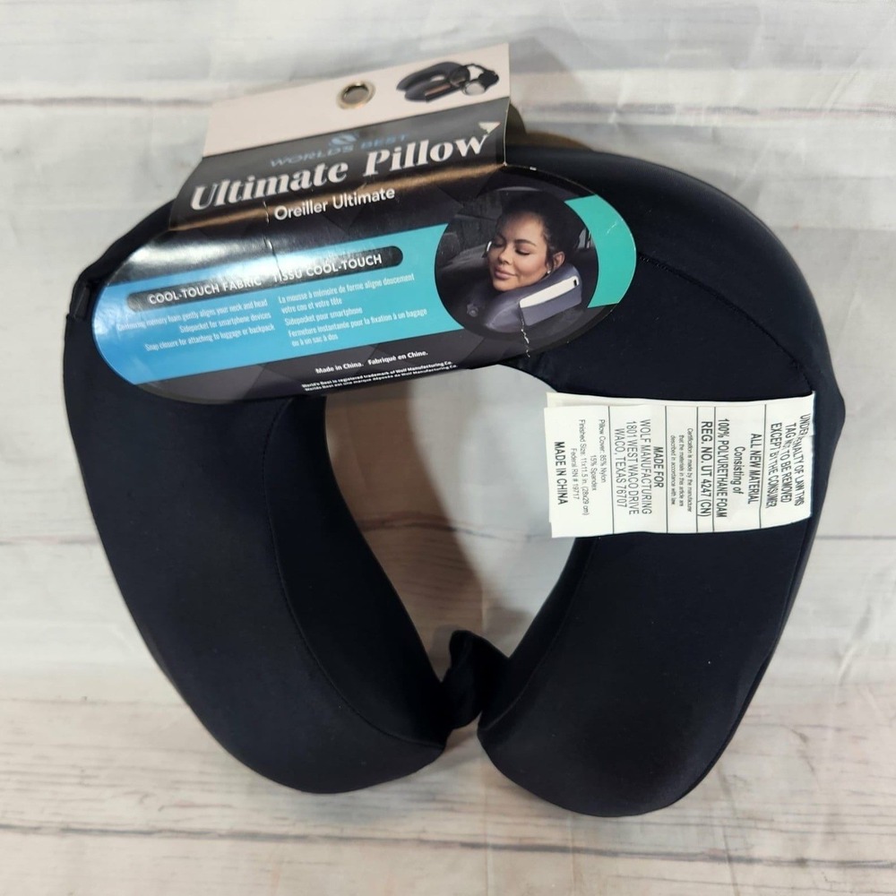 World's Best Ultimate Pillow Black Travel Neck Pillow Memory Foam Cool-Touch